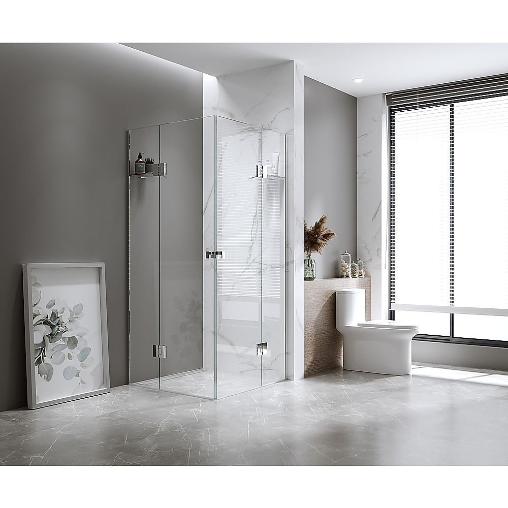 100x120cm Double Door Corner Shower Screen – Channels with Brass Hinges in Nickel, Square Double Pull Handles