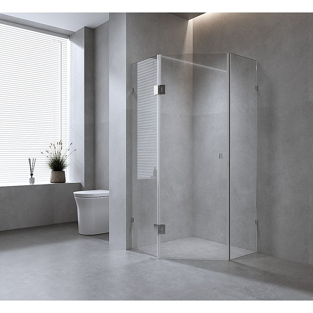 90cm Frameless Diamond Shower Screen – Gold F-Brackets, Brass Hinges & Square Double Pull Handle