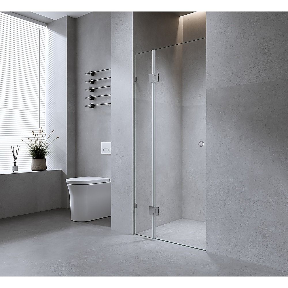 90cm Frameless Wall-to-Wall Shower Screen with Gold Brackets & Brass Hinges – U-Brackets and Floor U-Bracket