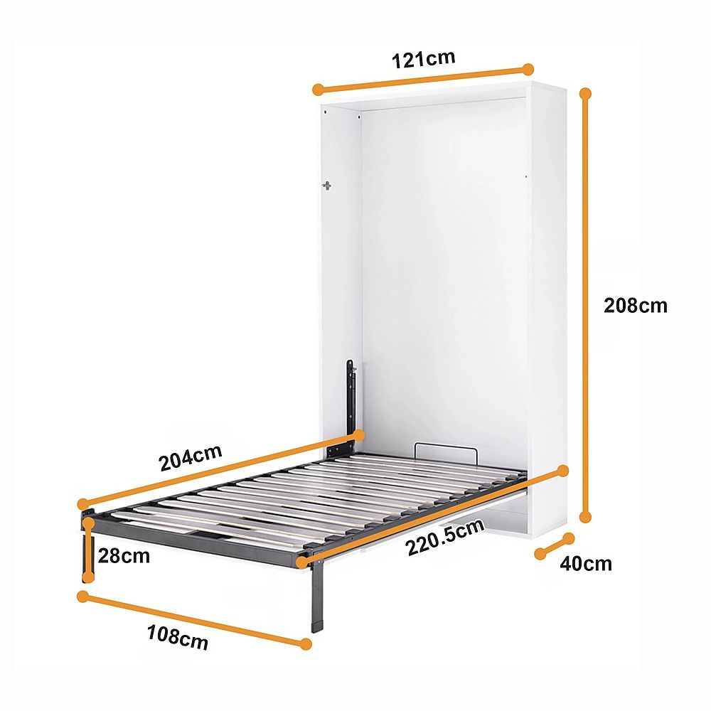 King-single Wall Bed in White Gloss – Space Saving Murphy Bed Kit with Black Door Handle