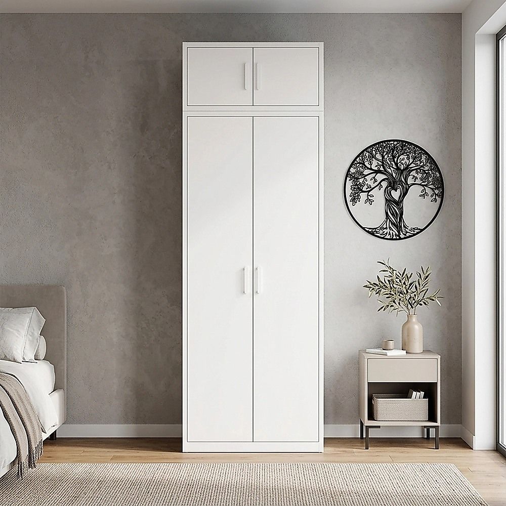 80x240cm 2-Door White Steel Shelf Wardrobe with White Handle Storage Cabinet