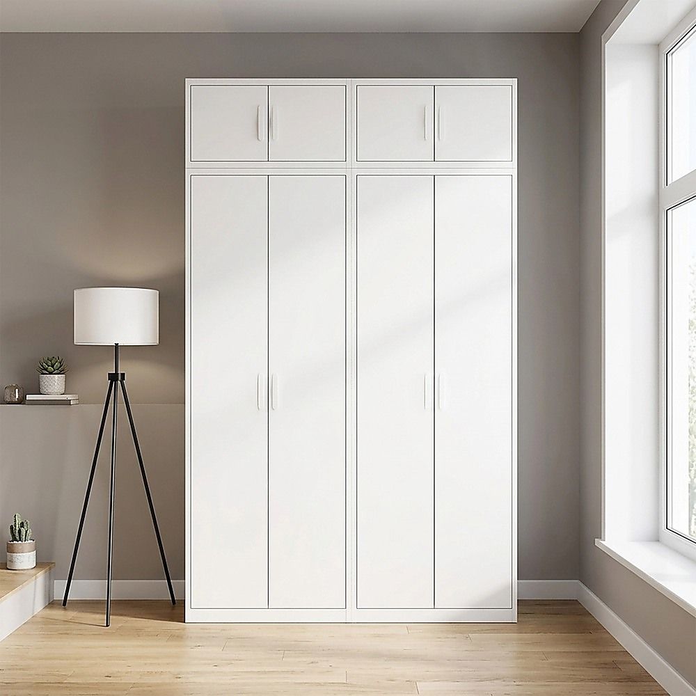 160x240cm 4-Door White Steel Hanging Wardrobe with White Handle Storage Cabinet