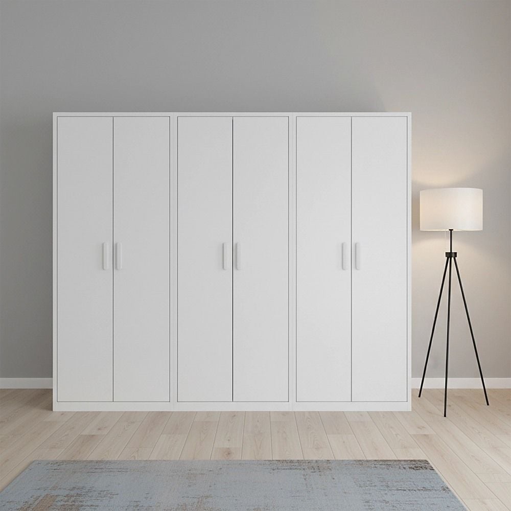 240x200cm 6-Door White Steel 1 Hanging and 2 Shelf Wardrobe with White Handle Storage Cabinet
