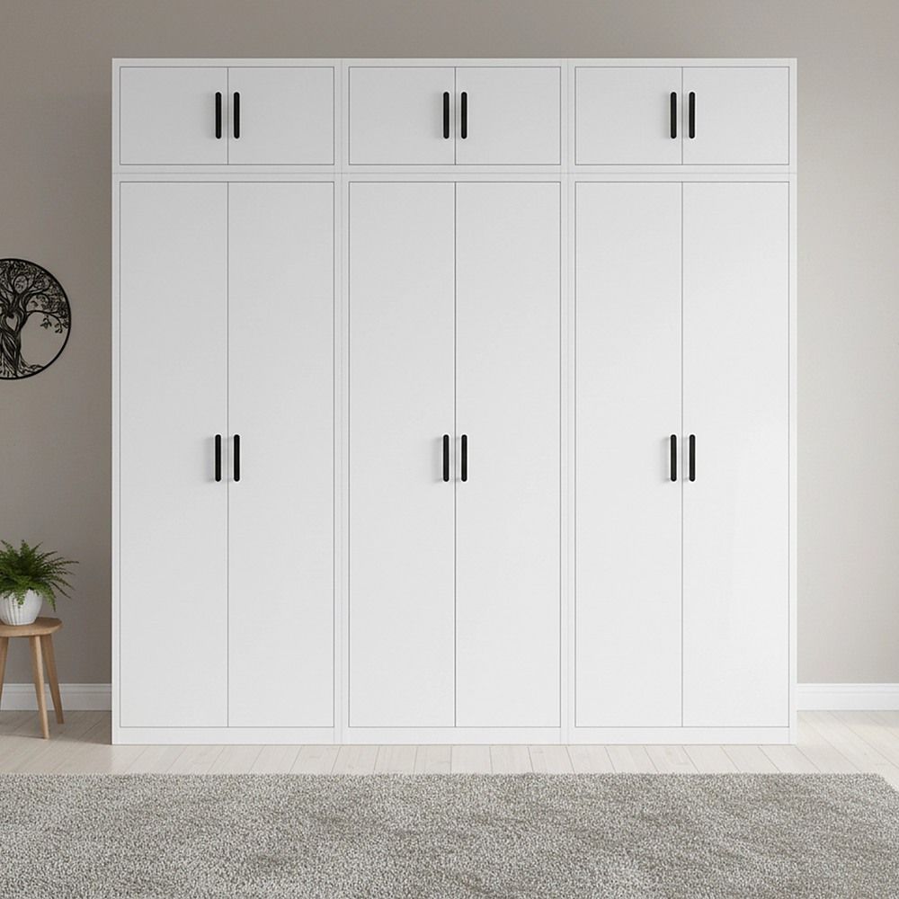 240x240cm 6-Door White Steel Shelf Wardrobe with Black Handle Storage Cabinet
