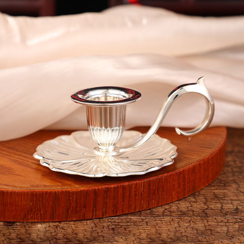 Silver European Vintage Handheld Chamberstick with Finger Loop - Minimalist Metal Candlestick Tray for Weddings, Festivals & Tables Decor