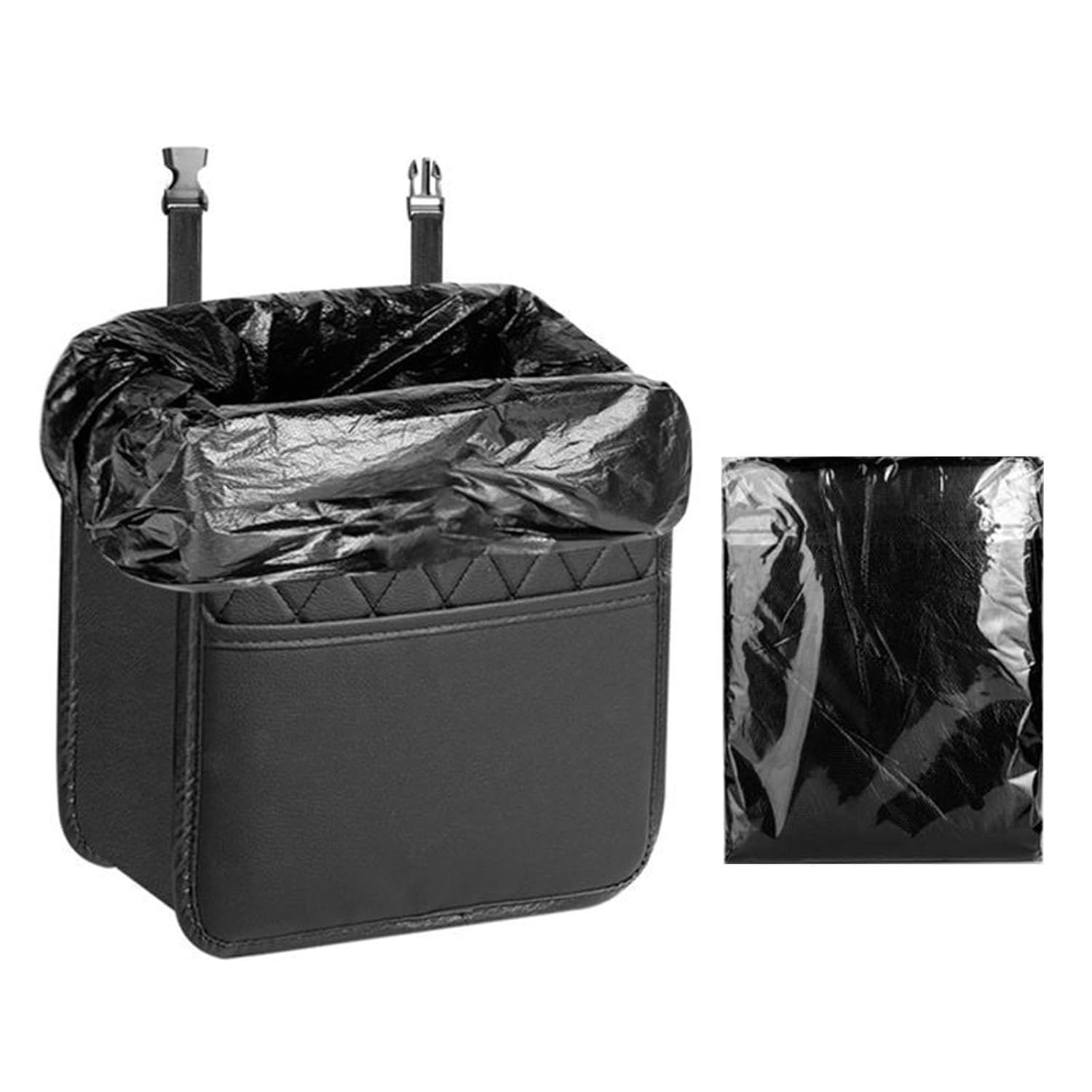 2-in-1 Car Seat Back Organiser and Trash Can with 50 Trash Bags Multiple Pocket Bottle Holder - Waterproof Leather, 25 x 25 x 8 CM Multi Purpose Hanging Storage