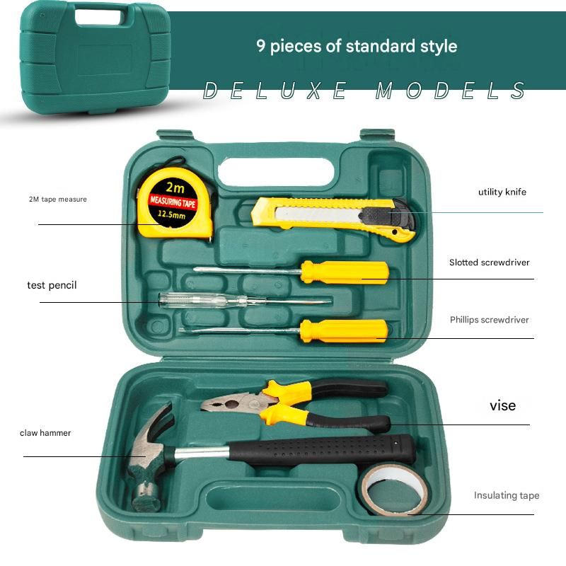 Green 9 Piece Set -Multi-Purpose Home & Car Tool Kit - Durable Blow-Molded Case, Utility Knife, Tape Measure, Pliers, Hammer, Screwdrivers, Allen Keys - Compact Emergency Repair Set for DIY and Auto Maintenance