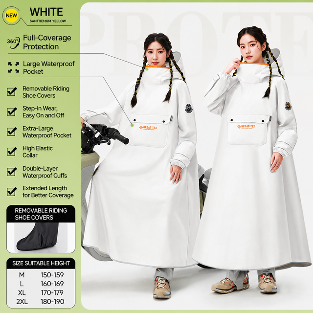White Full Coverage & Extended Cycling Hooded Rain Poncho with Detachable Shoe Covers, XL Size – Thickened Waterproof Oxford Motorcycle Raincoat with Face-Protection Elastic Collar, Large Storage Pocket and Foldable Sleeve Cover for Men Women Outdoor