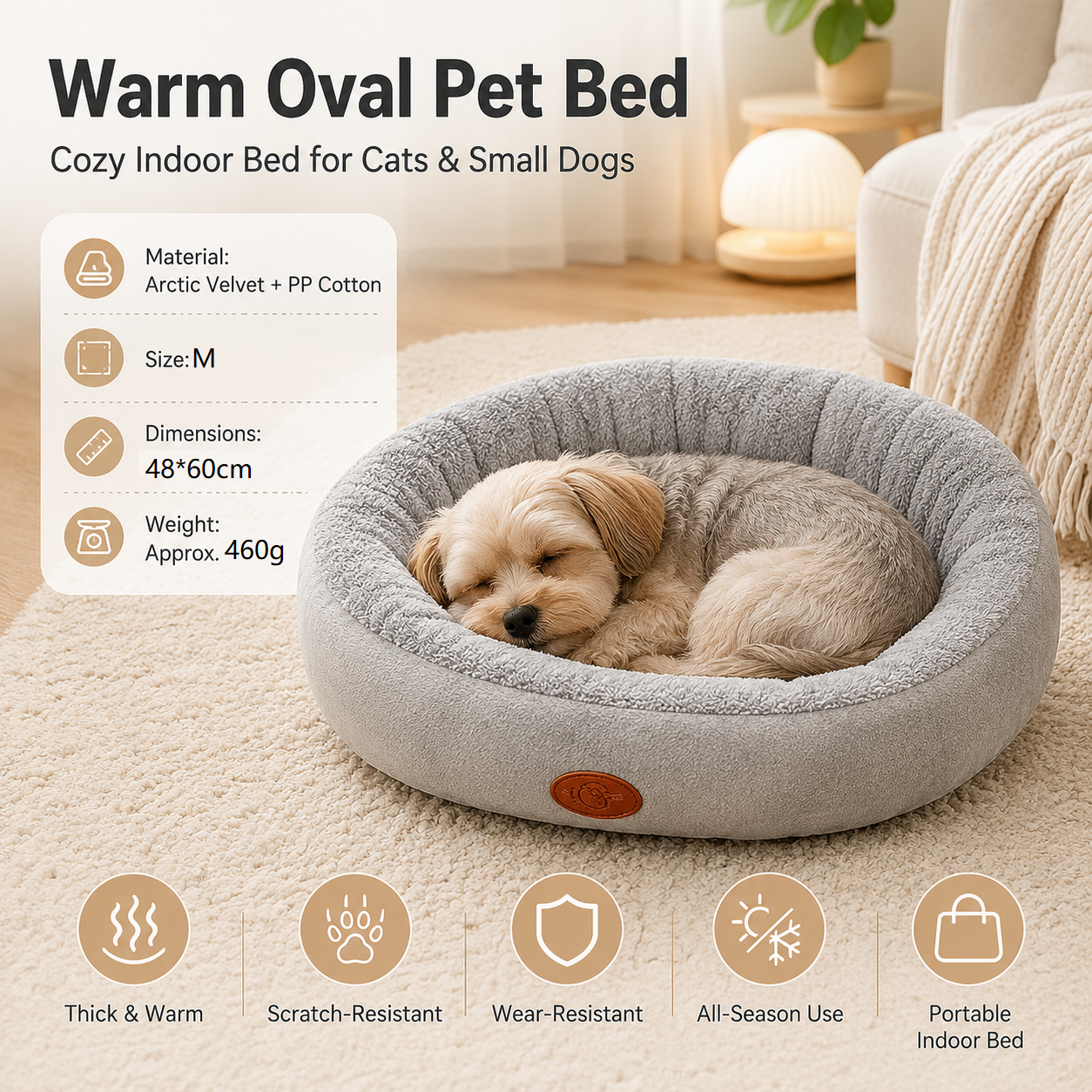 M Size 48x60cm Grey Oval Pet Bed - Arctic Fleece and PP Cotton - Thickened Warmth, Non-Slip Base, Removable Cover, Compact for Cats and Small Dogs