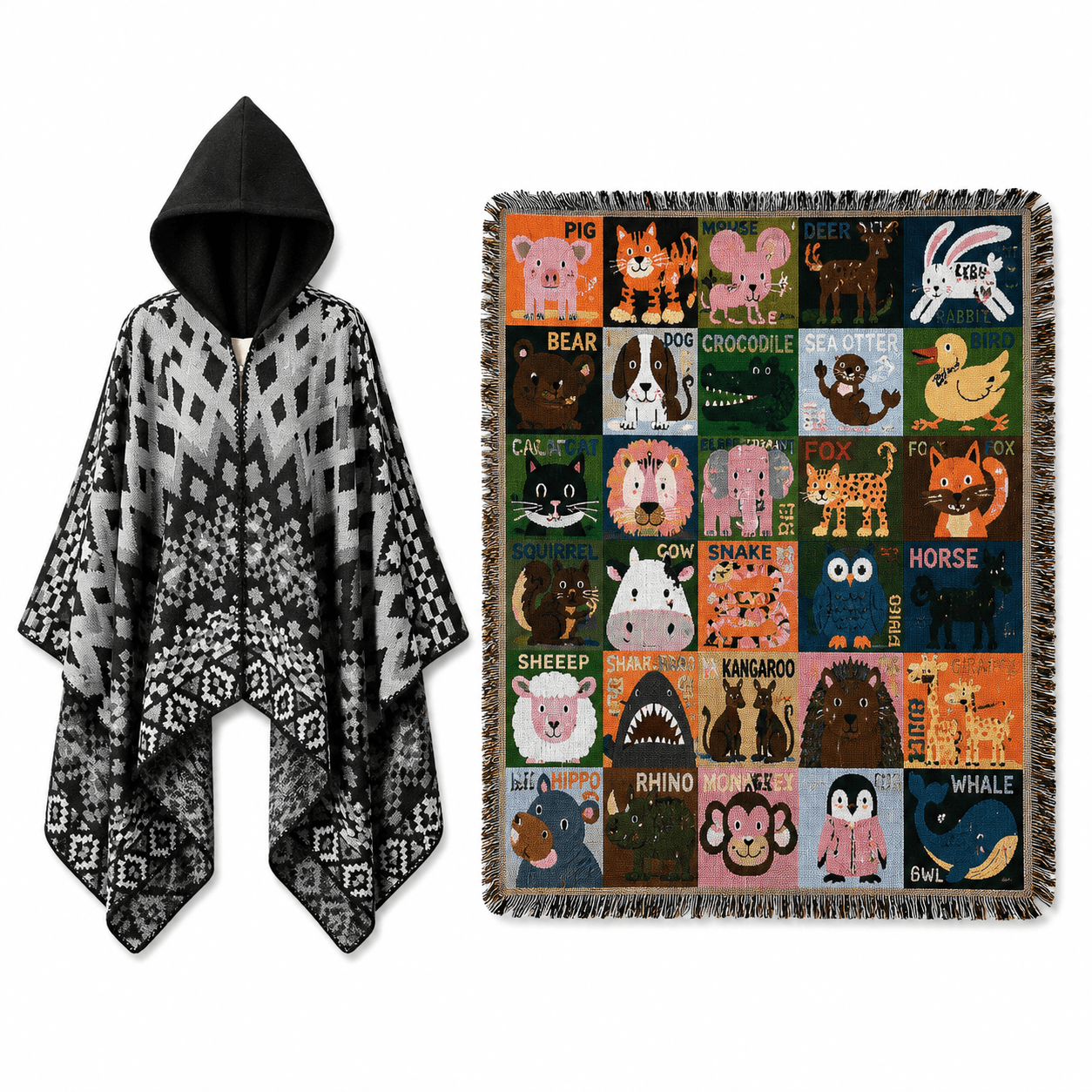Black Warm Hooded Poncho Shawl and Animal Pattern Throw Blanket Set for Sofa, Bed and Winter Lounging