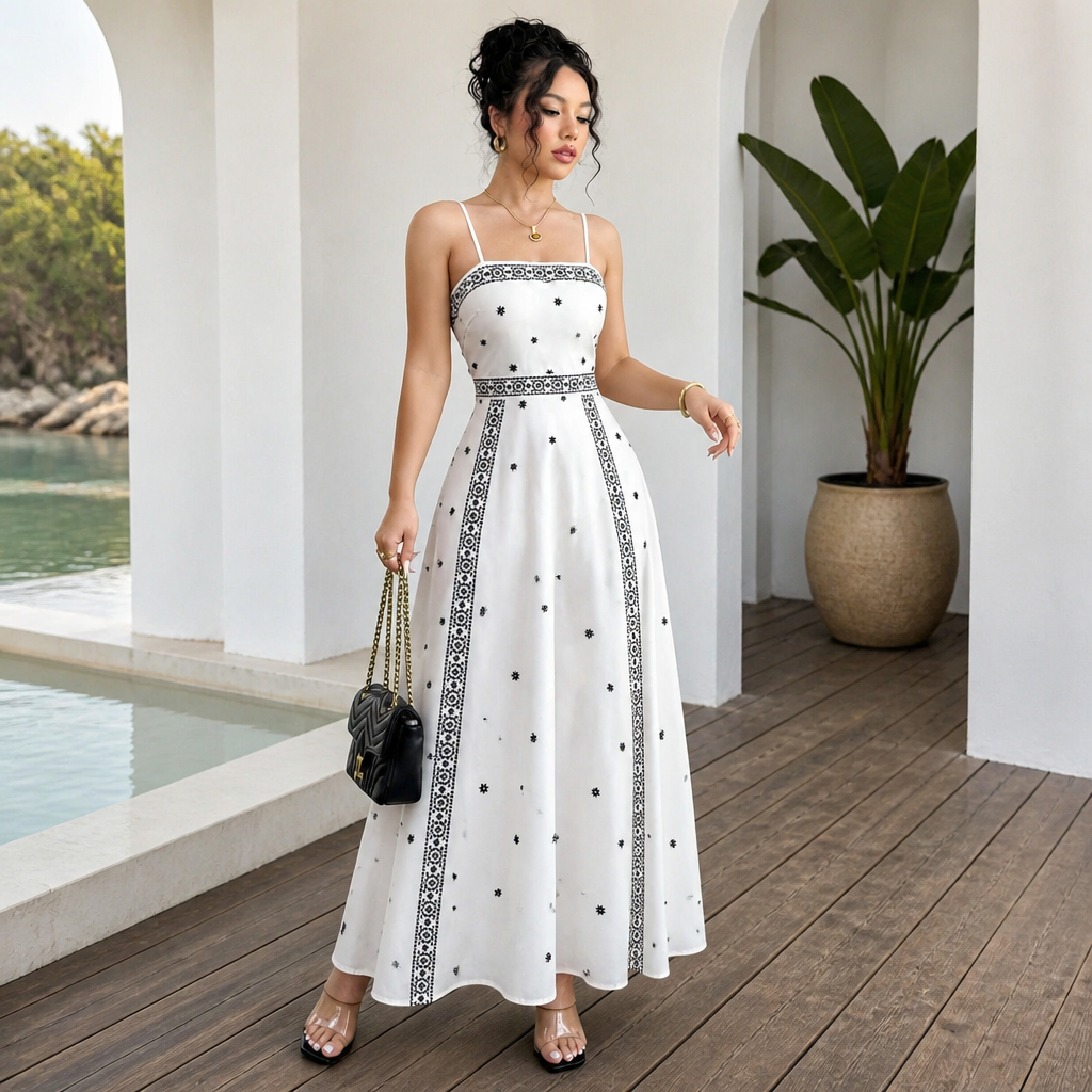 Women's White Boho Print Maxi Dress XL Size - Stretch Polyester Fabric, Spaghetti Straps, Fitted Waist and A-Line Silhouette for Spring Summer Beach Vacations, Travel, Parties and Events