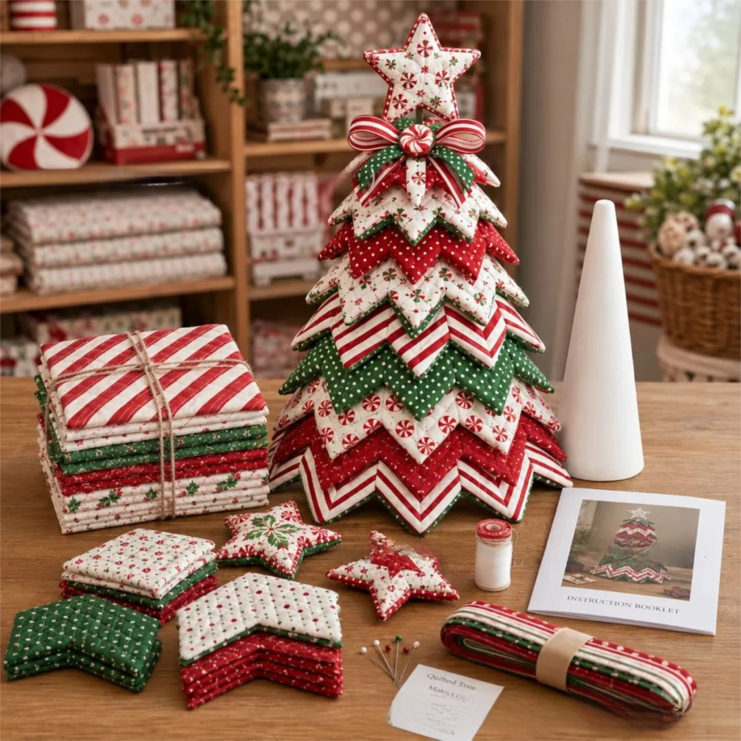 Candy Cane Star Themed DIY Fabric Quilted Christmas Tree Kit for Handmade Layered Festive Tabletop Tree, Christmas Home Decor and Holiday Craft Gift