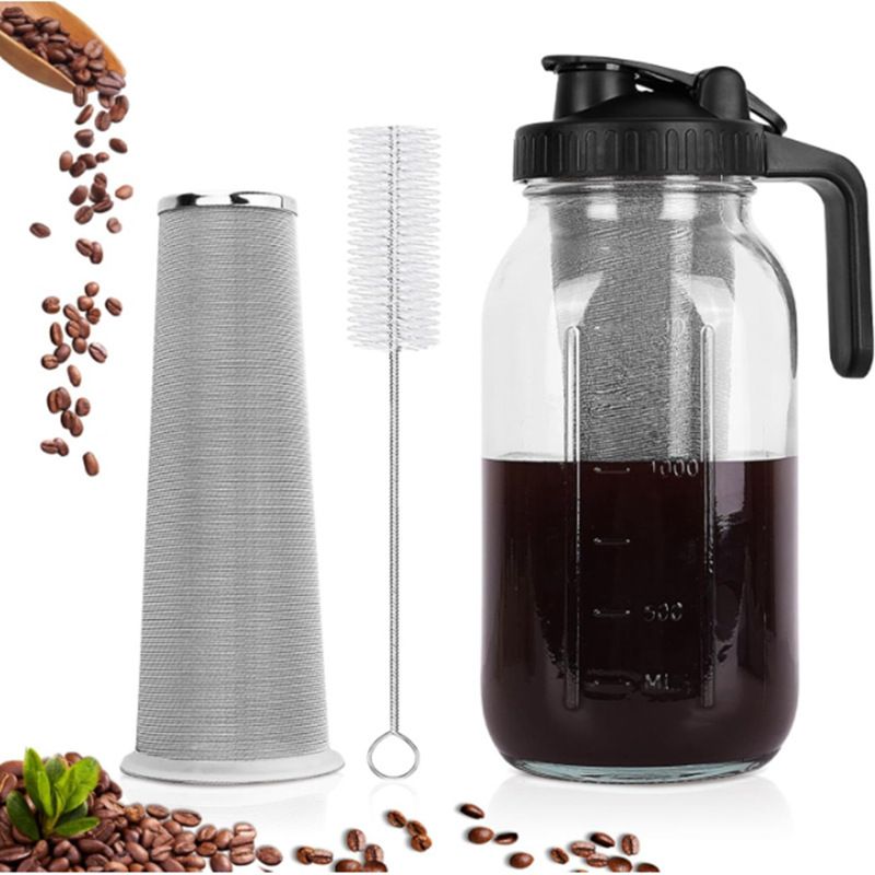 2 Set of 64oz Mason Jar Cold Brew Coffee Pitcher - Soda Lime Glass Jug with Measurement Marks, Pour Spout Handle Lid, Cleaning Brush and Fine Mesh Filter