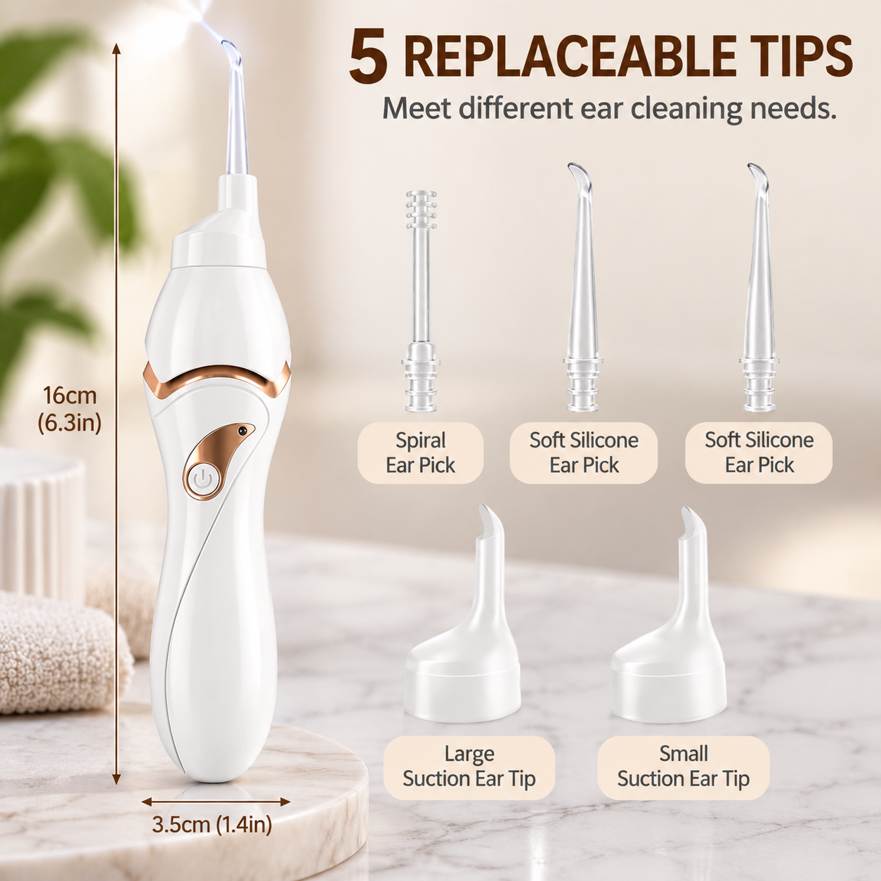 White Electric LED Ear Cleaner Tool - Rechargeable Suction Force Ear Pick with 5 Soft & Fine Cleaning Scoops for Home and Travel Use
