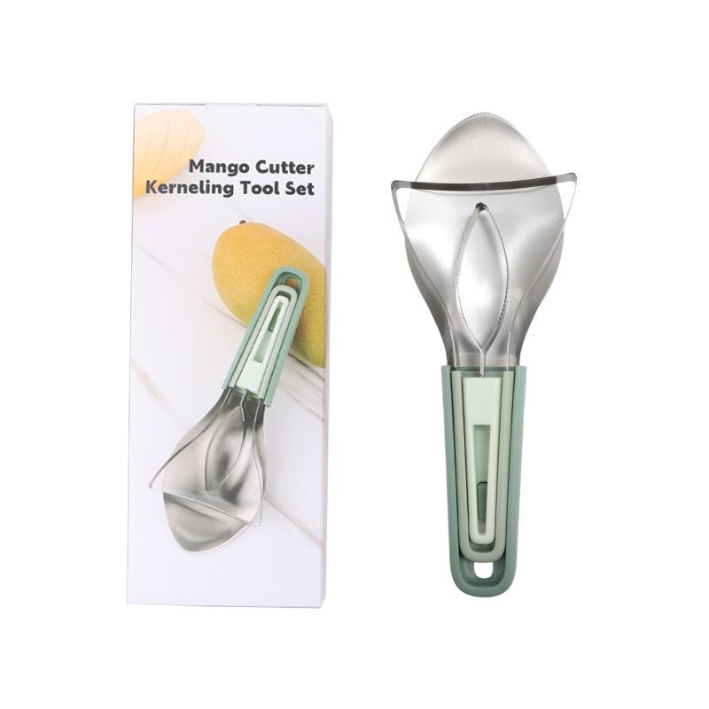 3 Piece Green Stackable Mango Slicer Tool Set - 430 Stainless Steel Mango Peeler, Broad Flesh Scoop and Slicing Tool for Fruit Preparation