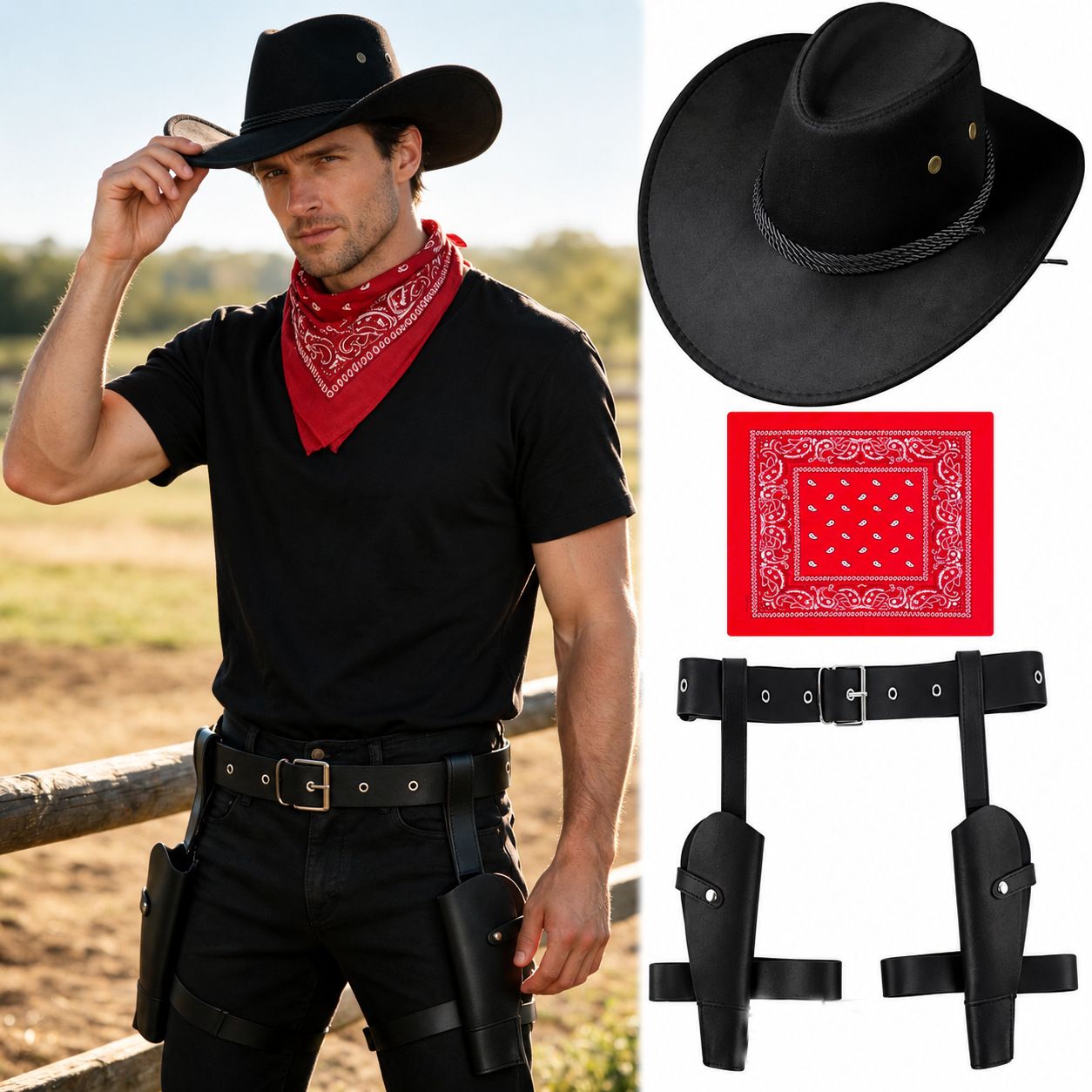 3-Piece Black Men's Western Cowboy Costume Set - PU Cowboy Hat , Bandana & Double Holster Belt for Cosplay and Themed Parties