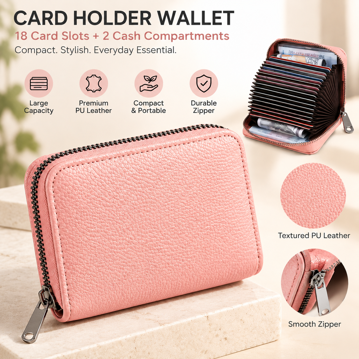Litchi Grain Pink Accordion Card Holder Wallet (18 Card Slots & 2 Coin Pockets) - Compact Multifunctional PU Card Organiser with Oxford Cloth Lining for Cards, Licence and Coins