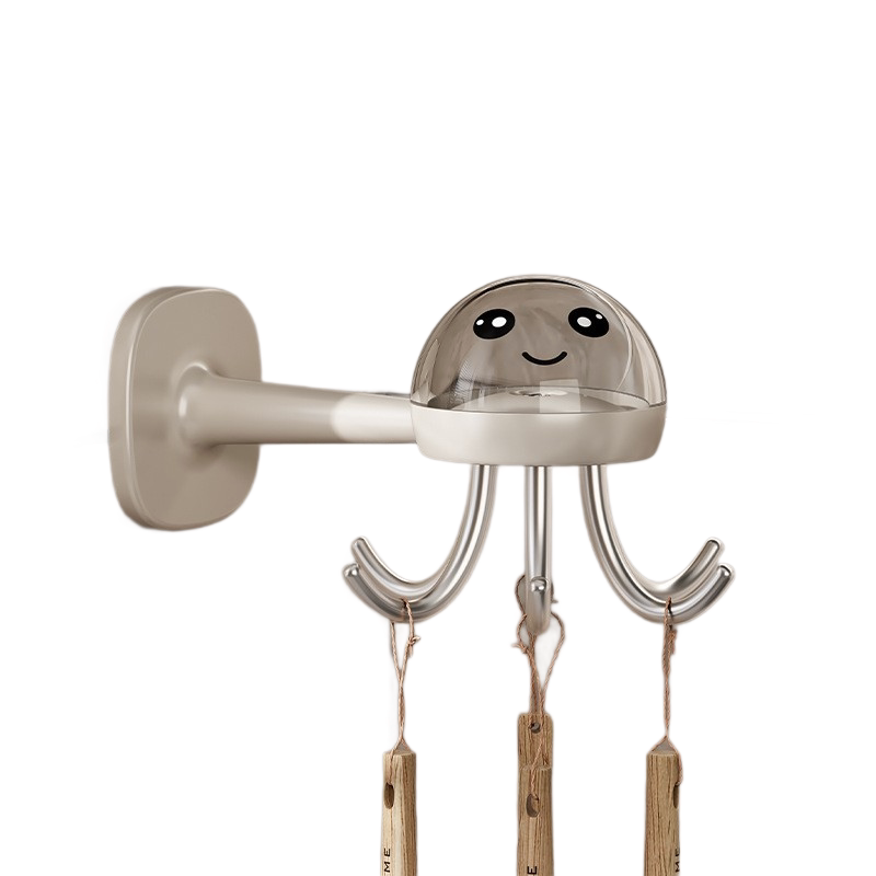 2-pack Beige Octopus Wall Hook Organizer - 360 Degree Rotating Adhesive Kitchen Utensil Holder with 6 Hooks, No Drill Space Saving Storage Rack for Cooking Tools and Towels