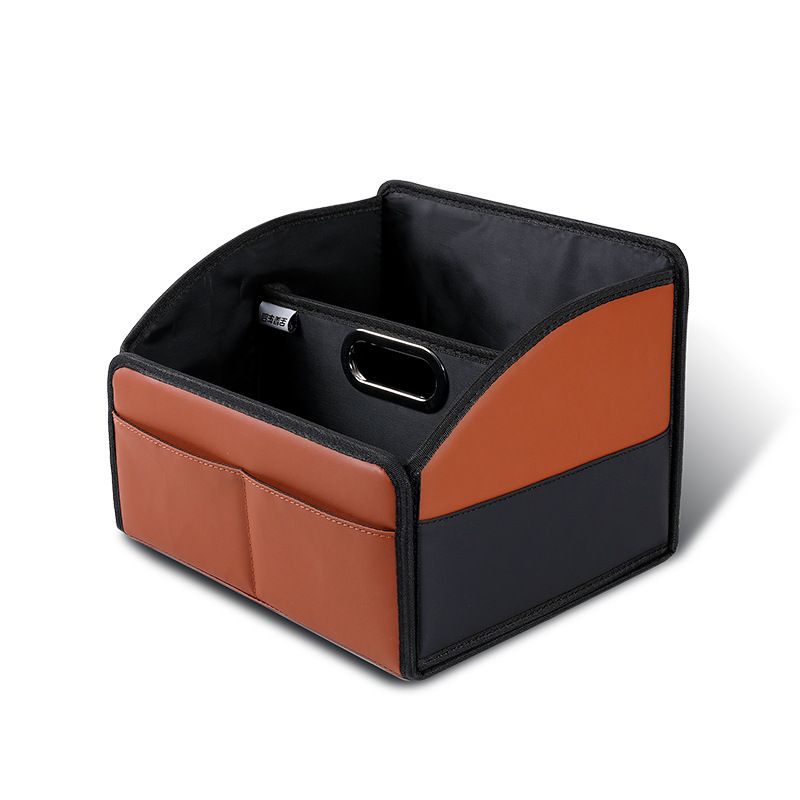 Foldable car trunk organizer (Black-brown)– Large capacity waterproof PU leather organizer with removable dividers and sturdy handles, suitable for SUVs and sedans