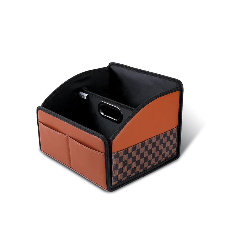Brown Checkered Foldable car trunk organizer – Large capacity waterproof PU leather organizer with removable dividers and sturdy handles, suitable for SUVs and sedans