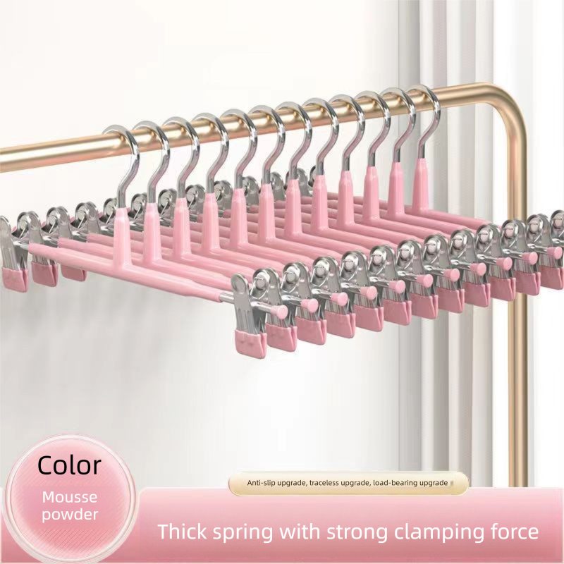 Pink Adjustable Pants Hangers 10 Pack - 31 cm Metal Clip Hangers with Non Slip Soft Grip Clips, Space Saving Wardrobe Organisers for Trousers, Skirts and Shorts