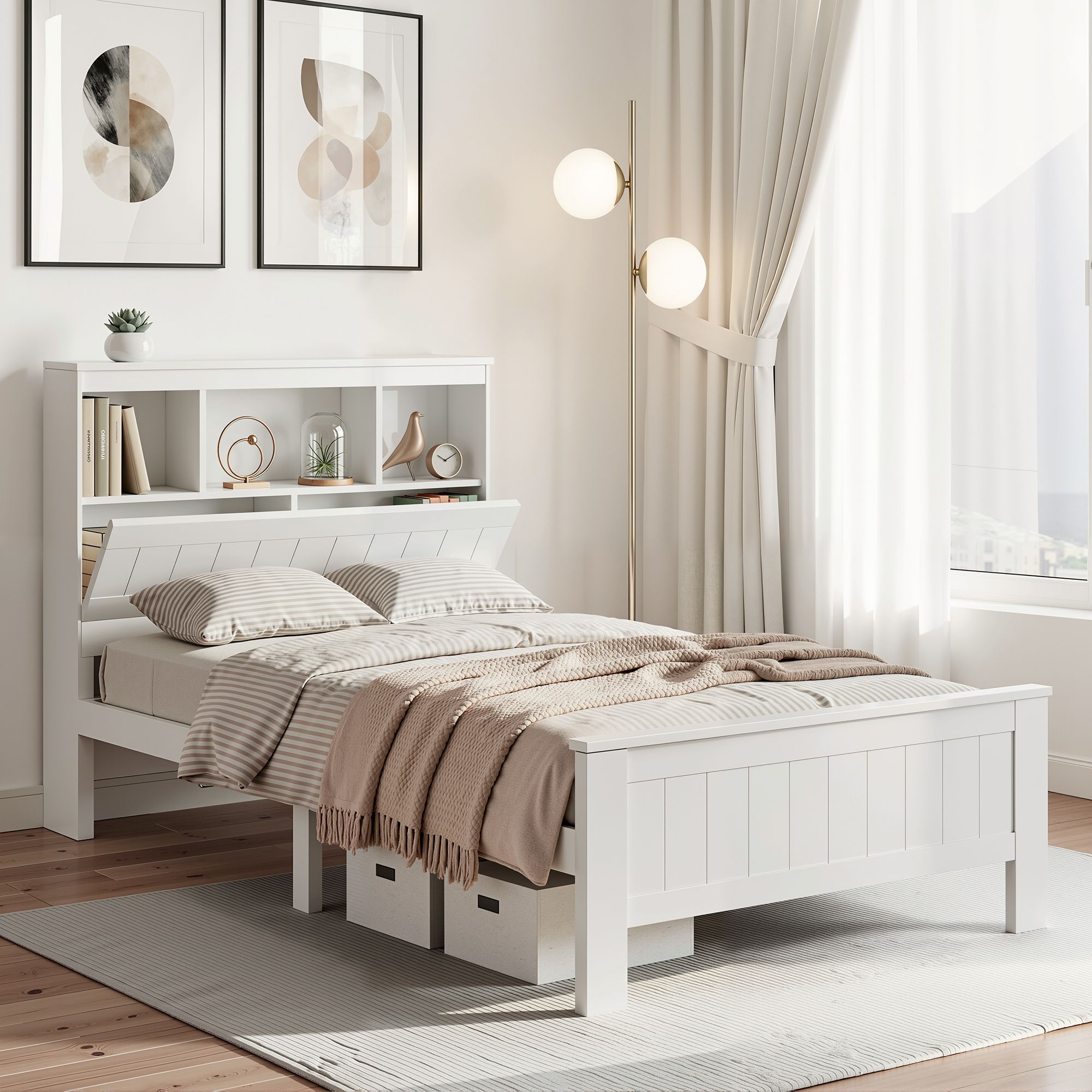 Artiss Bed Frame King Single Size Wooden with 3 Shelves Bed Head White
