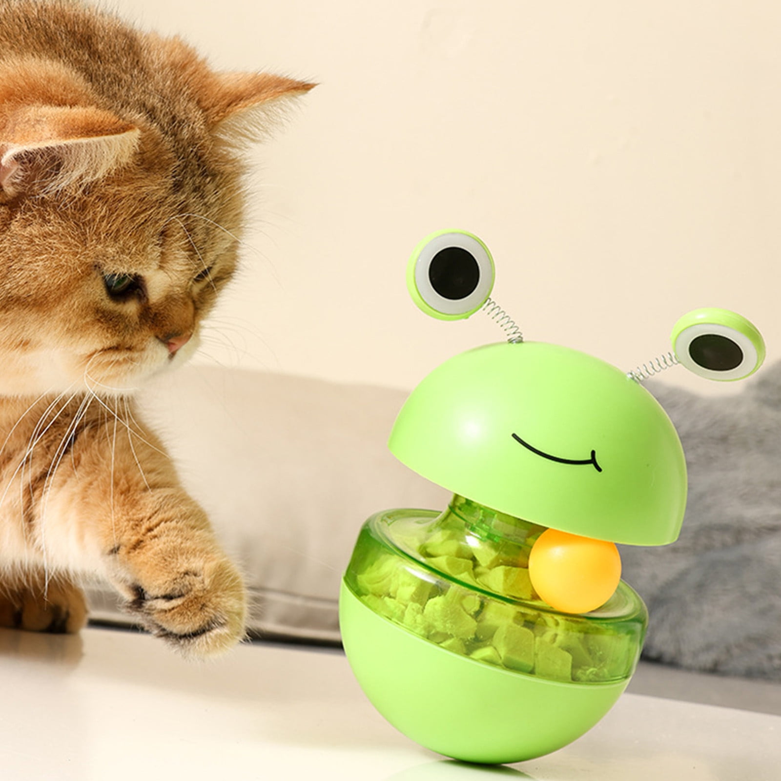 Cat Treat Puzzle Toy, 2 in 1 Slow Feeder Frog Ball for Cats, Treat Toy with Feather and Balls, Green