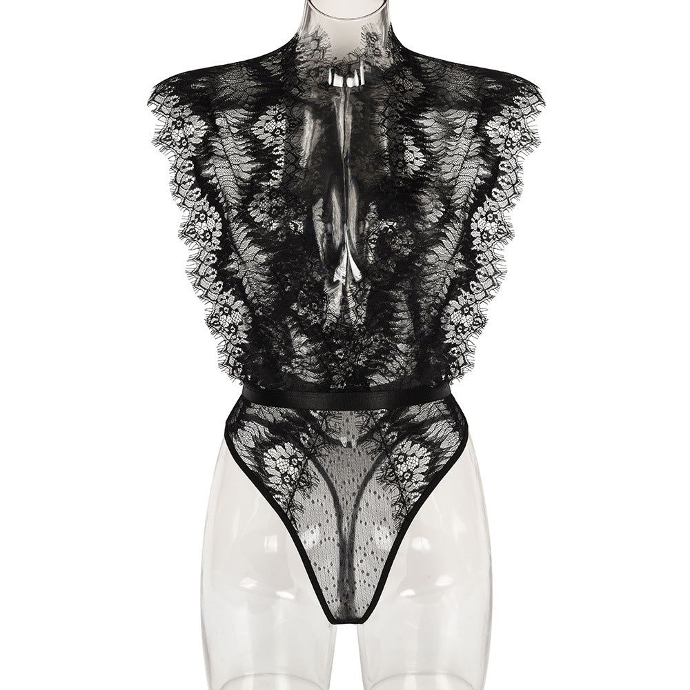 Sexy Lace Splicing Deep V-Neck Slimming Bodysuit Black - Black - L