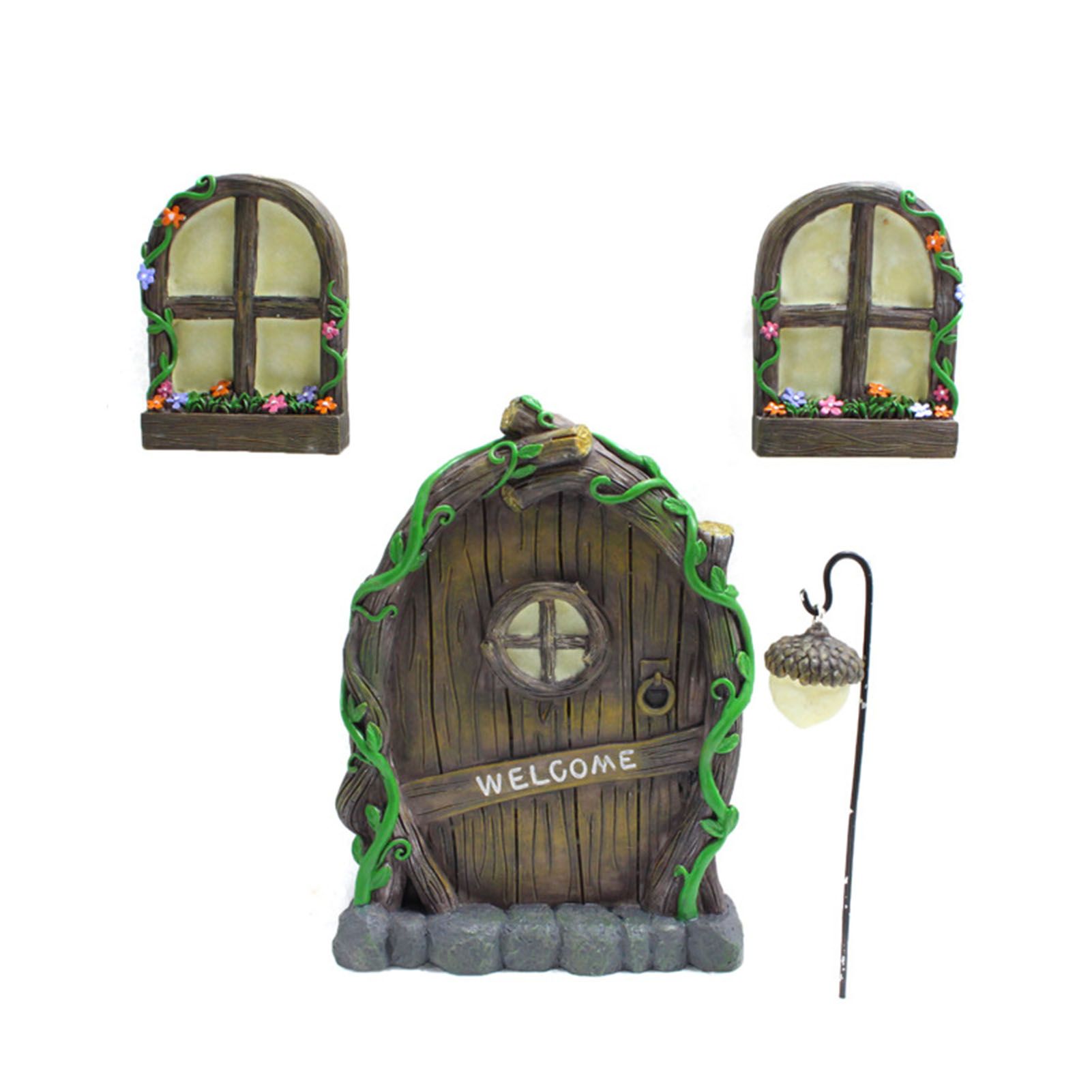 Miniature Window Door Decoration Set Resin Glow Fairy Window Door Sculpture for Outdoor Courtyard