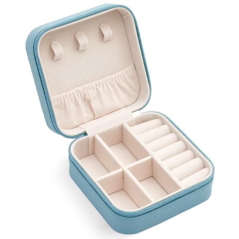 Travel Jewelry Organizer Box Portable Leather Storage Ornaments Ring Earrings - Blue (10x10x5cm)