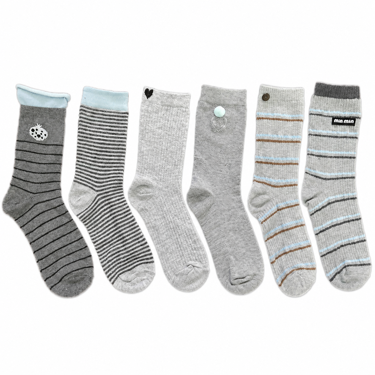 Unisex Grey Mid-Calf Socks, Preppy Collegiate Style with Stripes, Hearts and Button Details, 6 Pairs